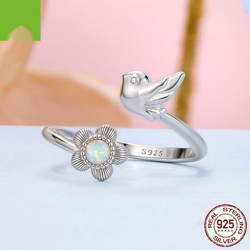 Sterling Silver Flower And Bird Open All-match Small Exquisite Ring
