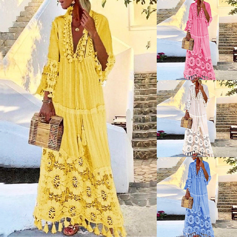 Stitching Tassel Slub Cotton Long Sleeve Dress