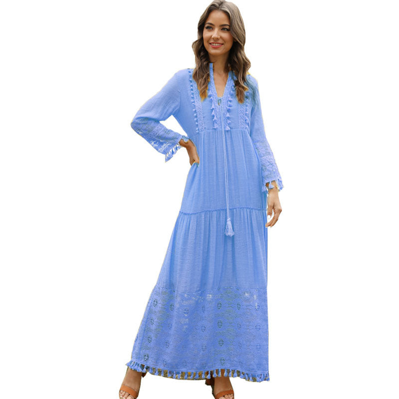 Stitching Tassel Slub Cotton Long Sleeve Dress