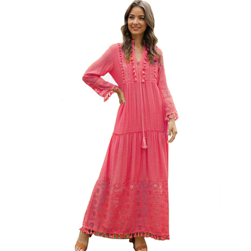 Stitching Tassel Slub Cotton Long Sleeve Dress