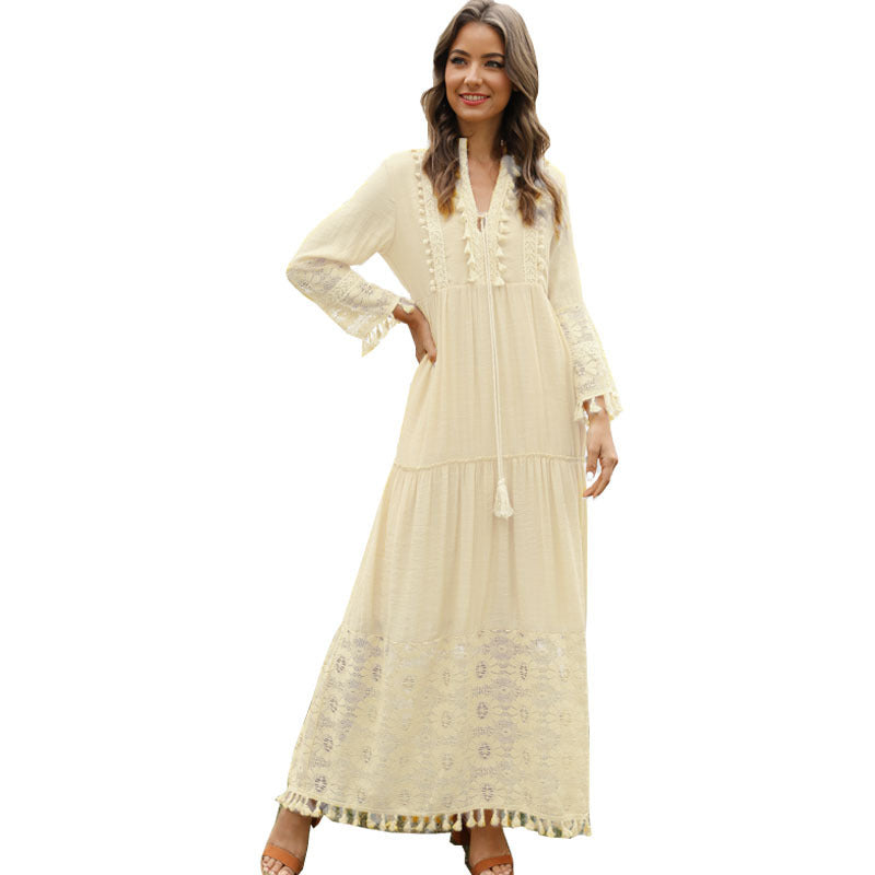 Stitching Tassel Slub Cotton Long Sleeve Dress