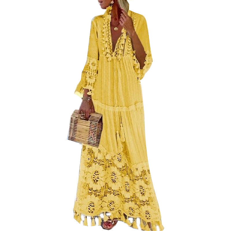 Stitching Tassel Slub Cotton Long Sleeve Dress