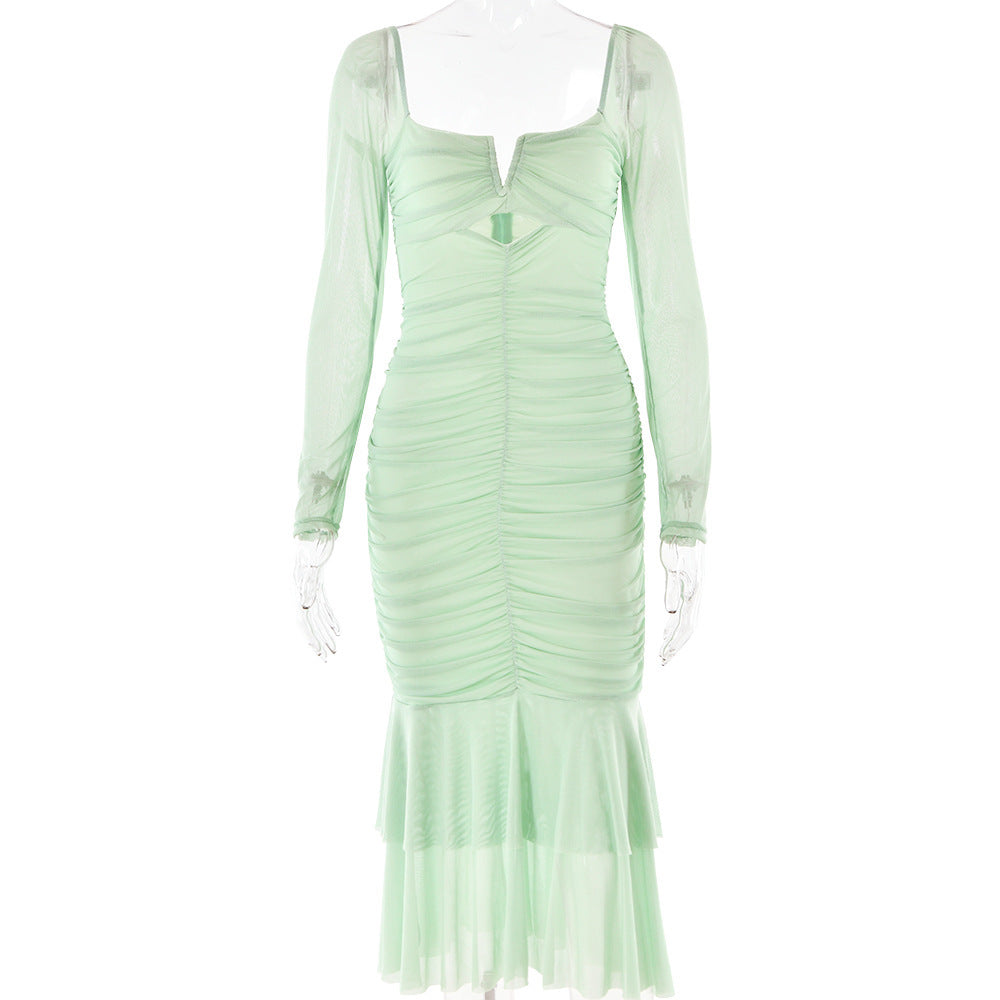 Ladies' Mesh Flounce Patchwork Long Dress
