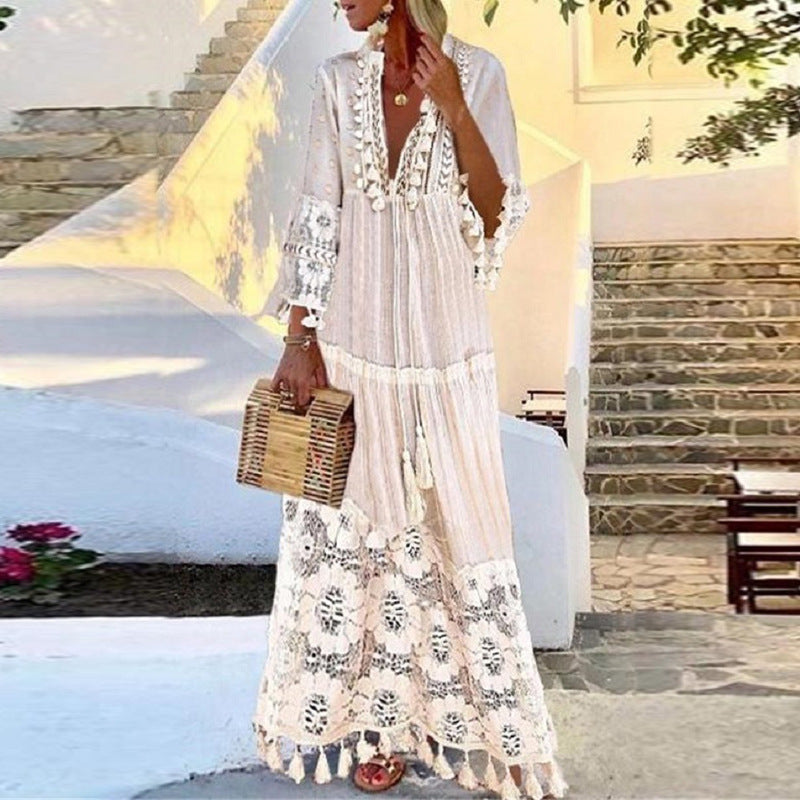 Stitching Tassel Slub Cotton Long Sleeve Dress