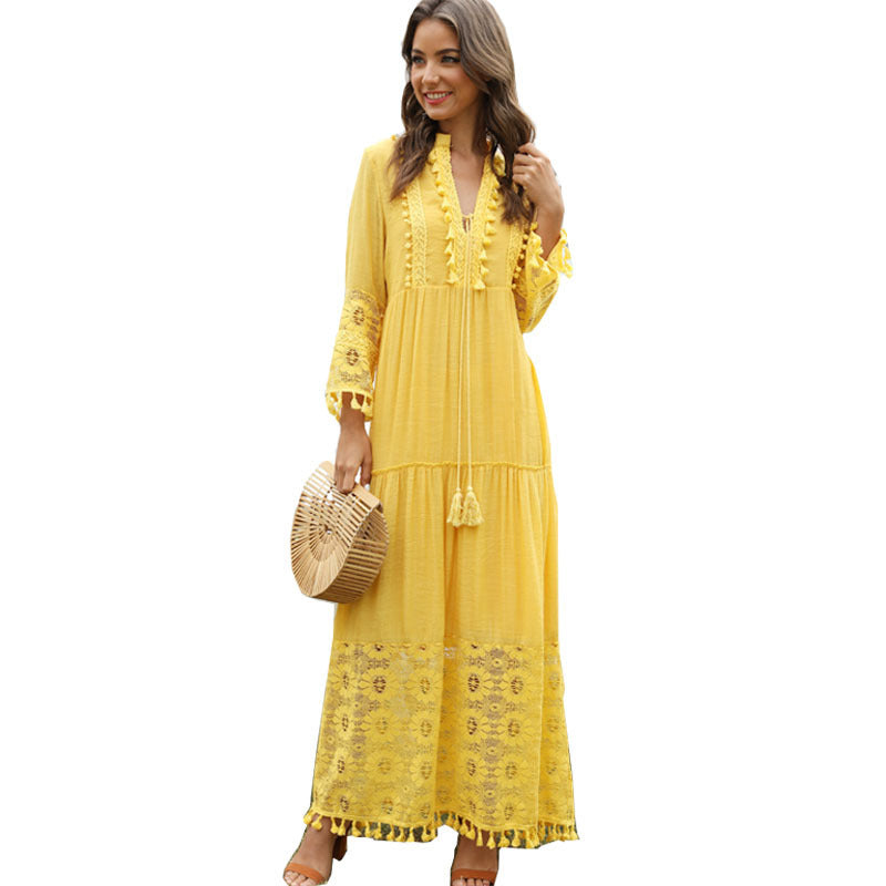 Stitching Tassel Slub Cotton Long Sleeve Dress