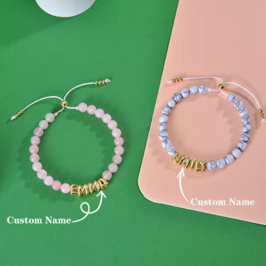 Bubble Letter Bracelet, Natural Stone Name Bracelet
