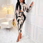 European American Fashion Floral Print Midriff-baring Long Sleeve Hip-wrapped Temperament Dress