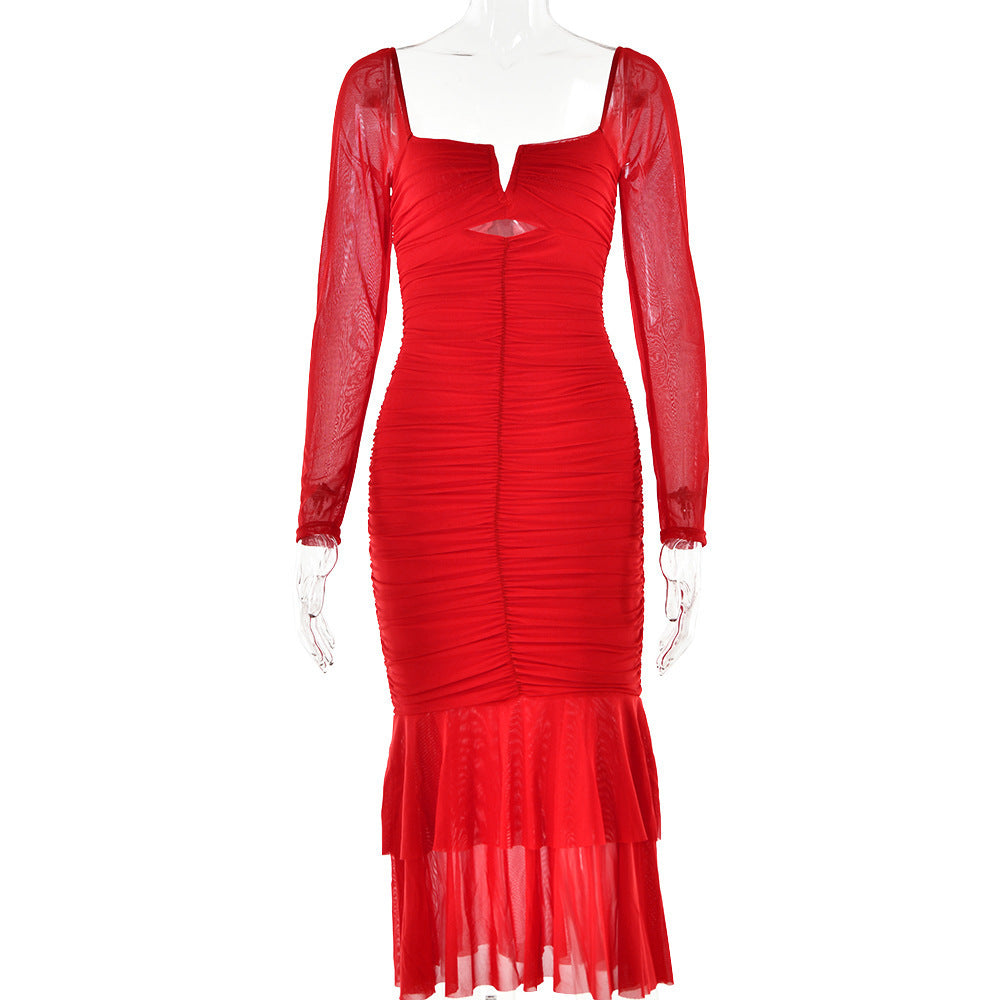 Ladies' Mesh Flounce Patchwork Long Dress