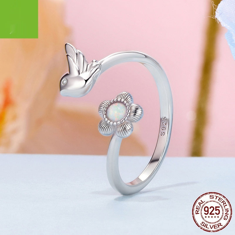 Sterling Silver Flower And Bird Open All-match Small Exquisite Ring