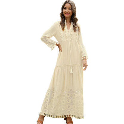 Stitching Tassel Slub Cotton Long Sleeve Dress