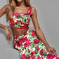 Rose Print Red With Spaghetti Straps Top Two-piece Set