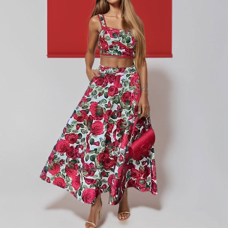 Rose Print Red With Spaghetti Straps Top Two-piece Set