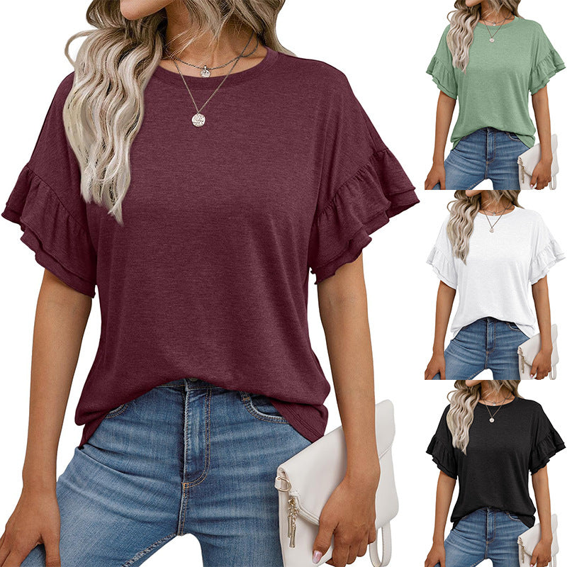 Solid Color Round Neck Ruffle Sleeve Short Sleeve T-shirt Top