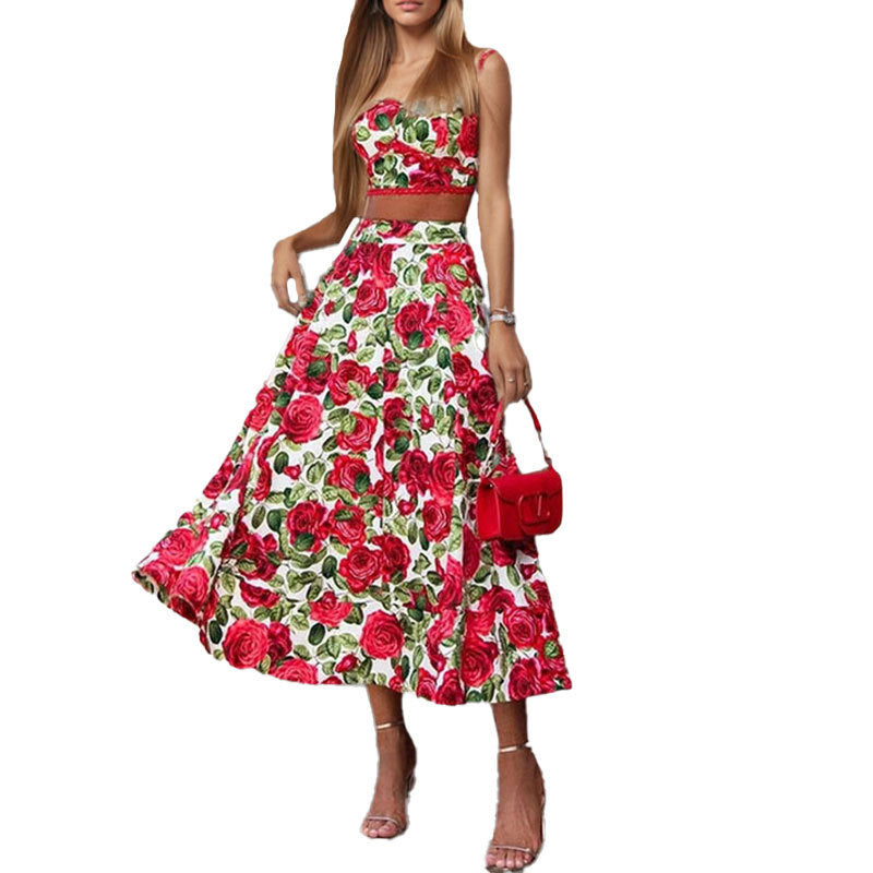 Rose Print Red With Spaghetti Straps Top Two-piece Set