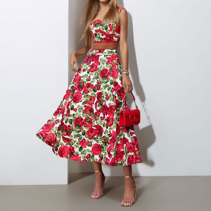 Rose Print Red With Spaghetti Straps Top Two-piece Set