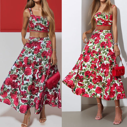 Rose Print Red With Spaghetti Straps Top Two-piece Set