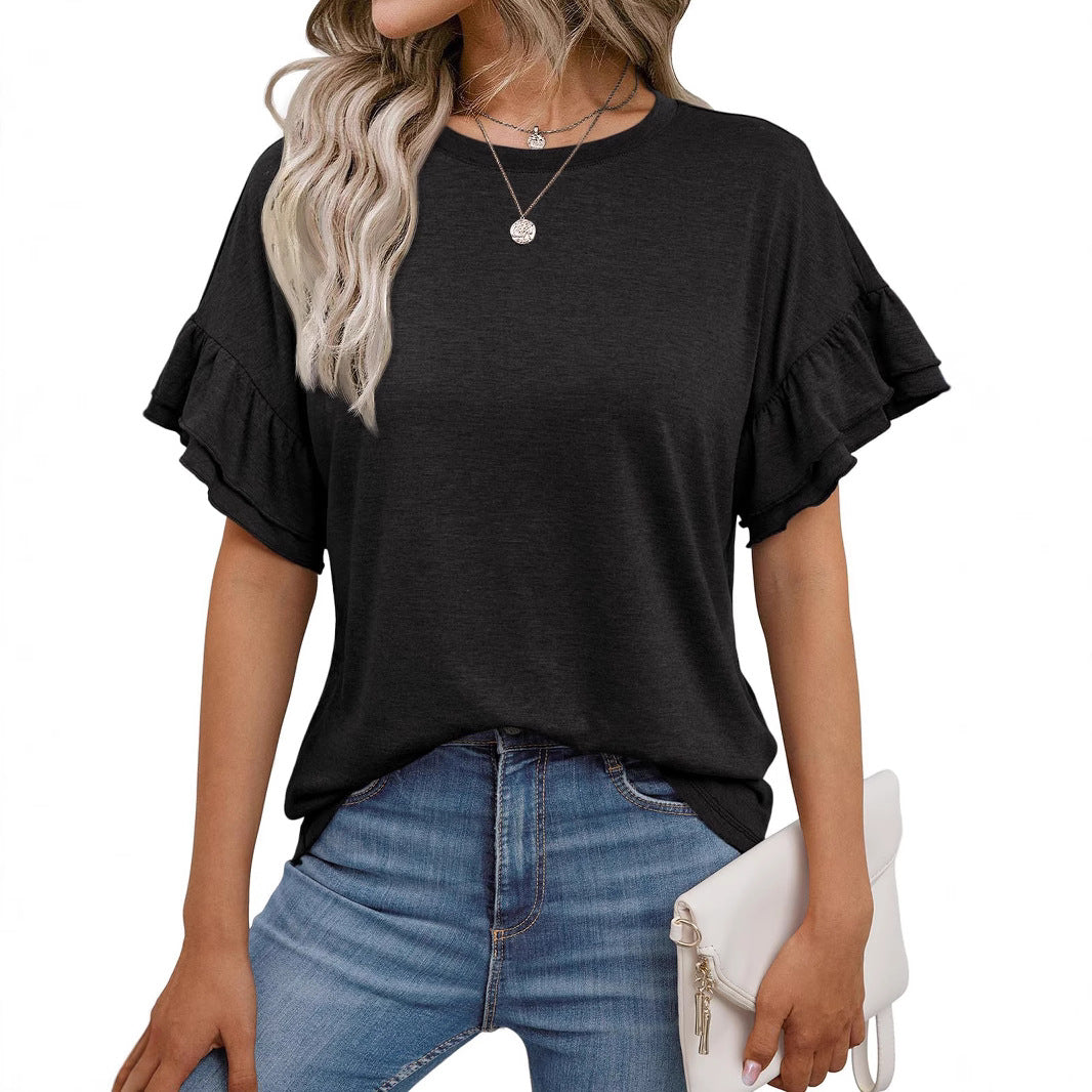 Solid Color Round Neck Ruffle Sleeve Short Sleeve T-shirt Top