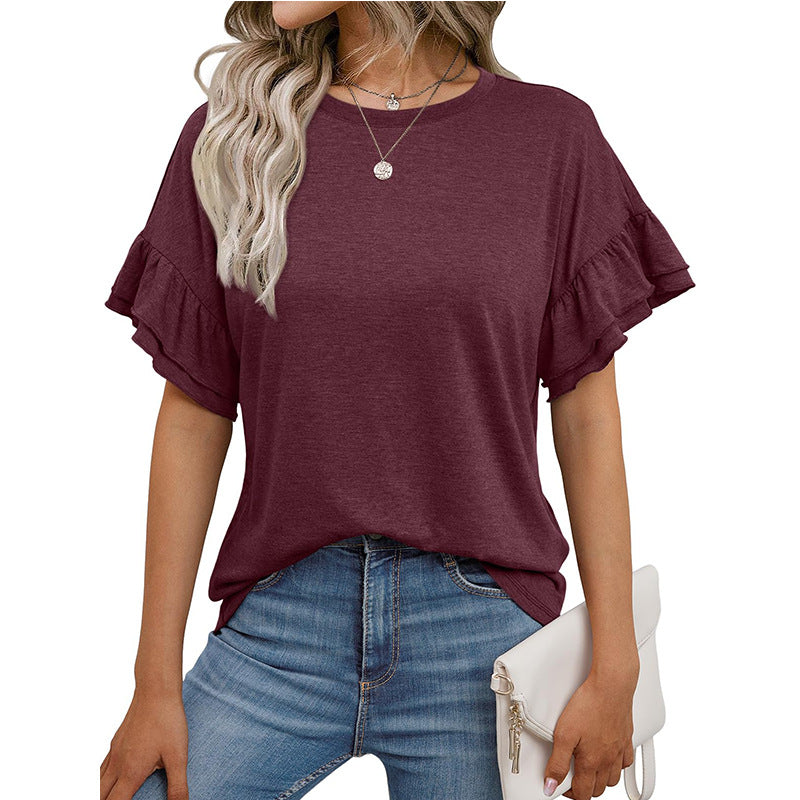 Solid Color Round Neck Ruffle Sleeve Short Sleeve T-shirt Top