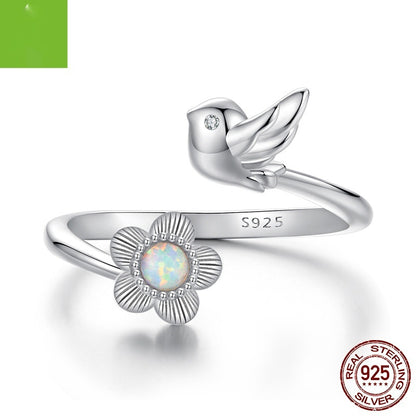 Sterling Silver Flower And Bird Open All-match Small Exquisite Ring