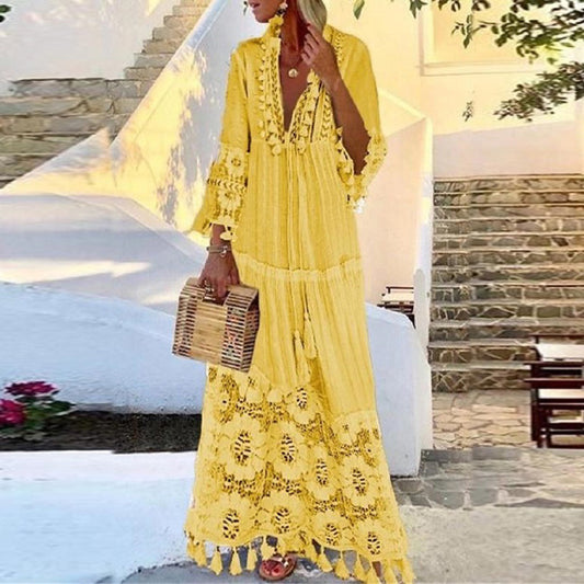 Stitching Tassel Slub Cotton Long Sleeve Dress